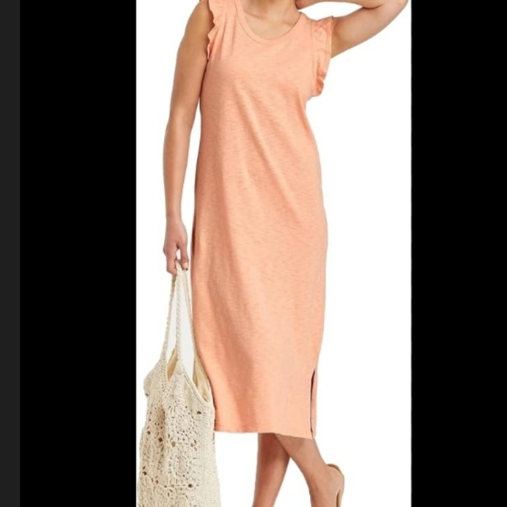 ❤️10/$40 New Sleeveless Peach Orange Ruffle-Shoulder Midi Dress